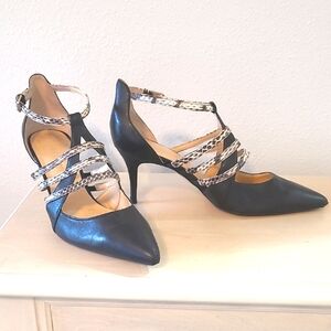 Ivanka Trump Tellas Strappy Black & Snakeskin Low Heel Pointed Toe Size 7M